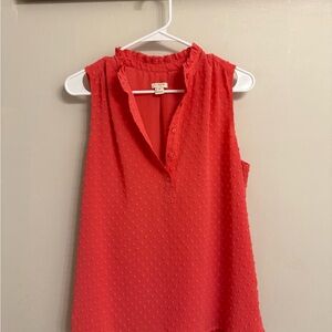 J. Crew Coral Red Sleeveless Swiss Dot Ruffle Neck Shell